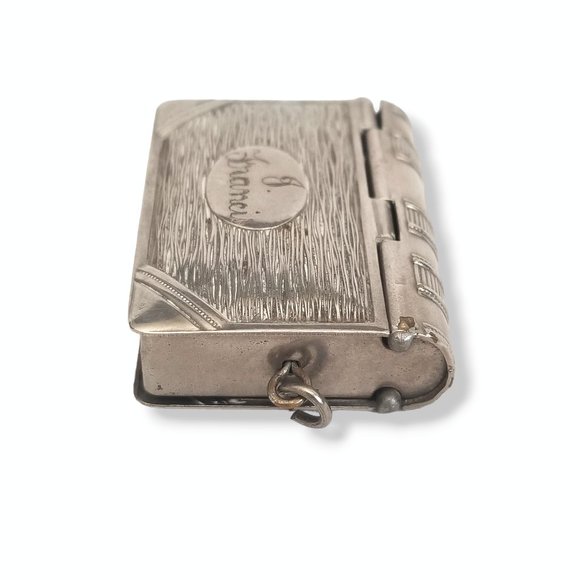 Antique 19th c. Silver Plated Book Vesta Case Pendant Engraved - Picture 4 of 13